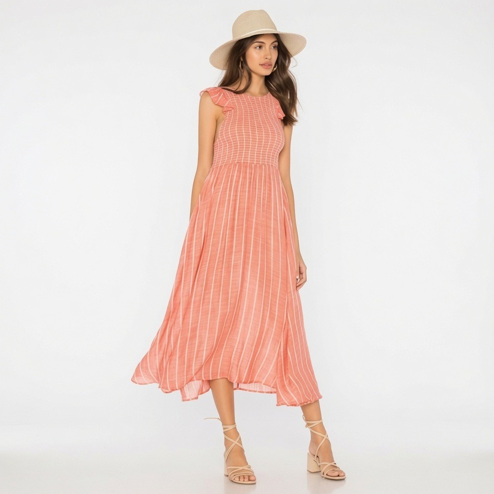 Free People Chambray Butterflies Midi Dress Red Striped Smocked Ruffle Sleeve S